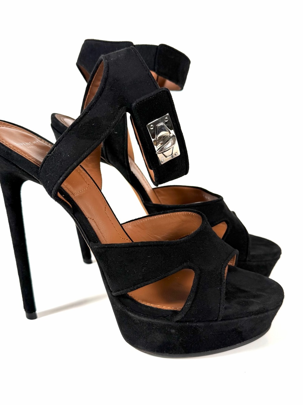 Givenchy Black Suede Platform Ankle-Strap Stiletto Matilda Shark Turn Lock Heel - Picture 14 of 15